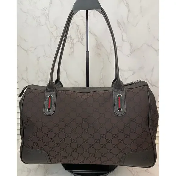 GUCCI Princy Sherry Line GG Canvas Brown Leather Trim Handbag, Dust Bag EUC - Picture 5 of 14